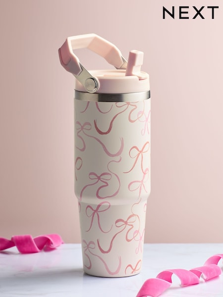 Pink/Cream 900ml Stainless Steel Bow Print Water Bottle (W54214) | £16