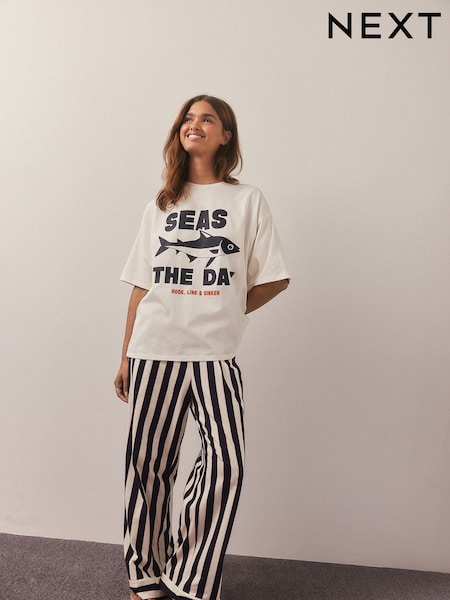 Navy Stripe Fish Jersey Short Sleeve Pyjamas (W54364) | £26