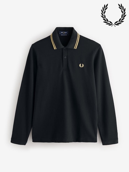 Fred Perry Black Made In England Twin Tipped Long Sleeve Polo Shirt (W54437) | £120