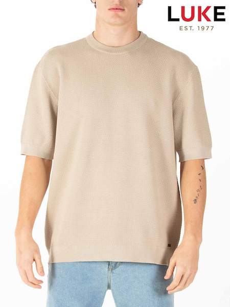 Luke 1977 Relax Fit Cream Ford Knitted T-Shirt (W54516) | £35