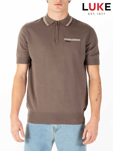 Luke 1977 Sebaco Knitted 100% Cotton Brown Polo Shirt (W54527) | £39