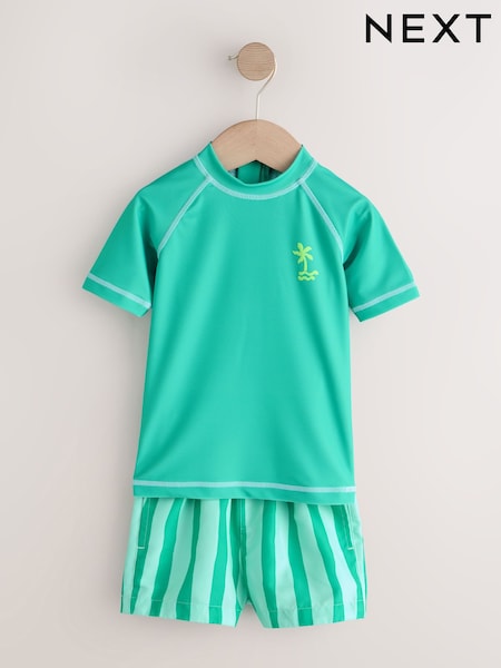 Green Short Sleeve Sunsafe Rash Vest and Swim Shorts Set (3mths-7yrs) (W54544) | £14 - £18