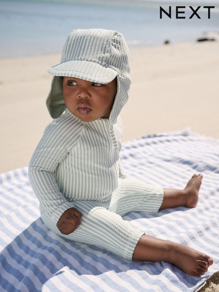 Mint Green Striped Sunsafe Swimsuit and Hat Set (3mths-7yrs) (W54549) | £18 - £22