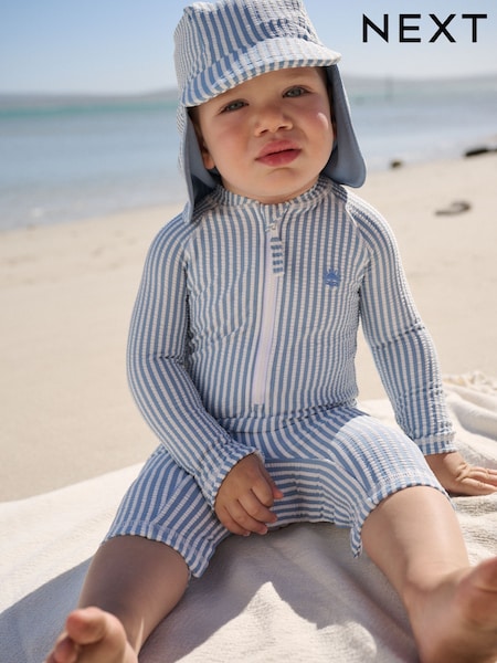 Light Blue Striped Sunsafe Swimsuit and Hat Set (3mths-7yrs) (W54555) | £18 - £22