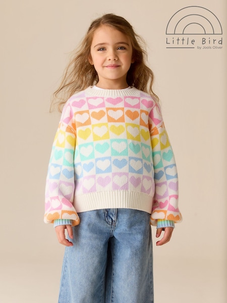 Little Bird by Jools Oliver Pastel Rainbow Hearts Knitted Colourblock Jumper (W54584) | £22 - £28