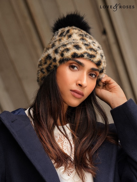Love & Roses Leopard Print Cosy Pom Hat (W54592) | £14