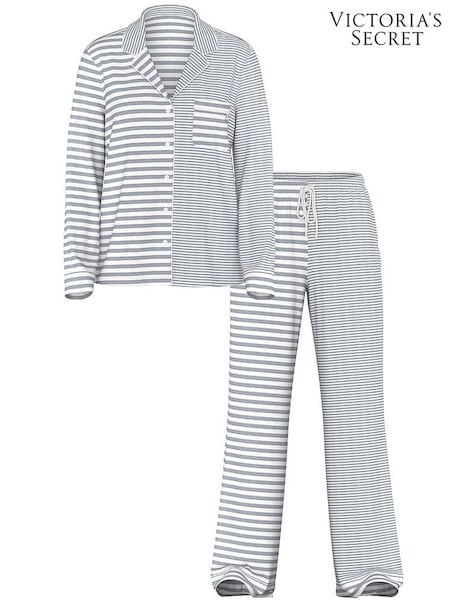 Victoria's Secret Medium Heather Grey & White Stripe Modal Long Pyjamas Set (W54689) | £59