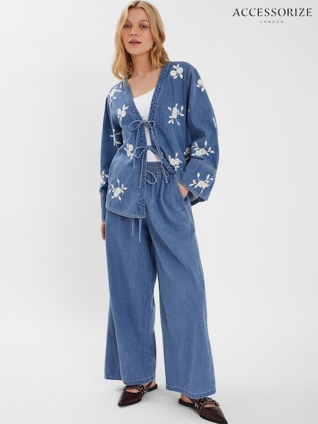 Accessorize Blue Floral Embroidered Chambray Tie 100% Cotton Jacket (W54841) | £90