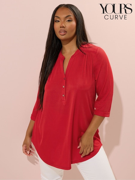 Yours Curve Red Half Placket Ribbed Blouse (W54880) | £29