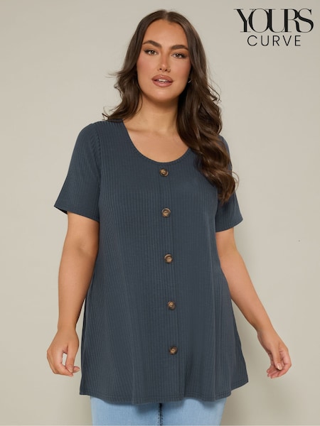 Yours Curve Blue Button Front Swing T-Shirt (W54890) | £0
