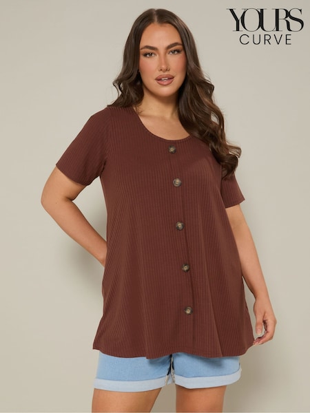 Yours Curve Brown Button Front Swing T-Shirt (W54891) | £22