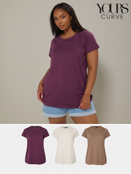 Yours Curve Natural Core Basic Short Sleeve Shorts 3 Pack T-shirts (W54893) | £28