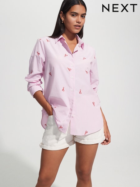 Pink/White Stripe Lobster Embroidered Long Sleeve Shirt (W54929) | £44
