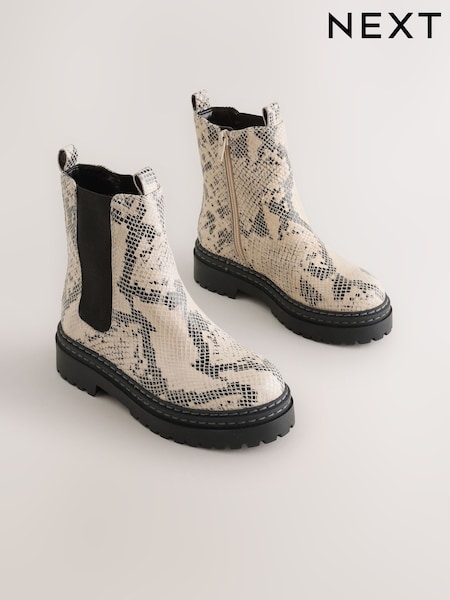 Neutral Snake Printed Standard Fit (F) Leather Chunky Chelsea Boots (W54943) | £41 - £48