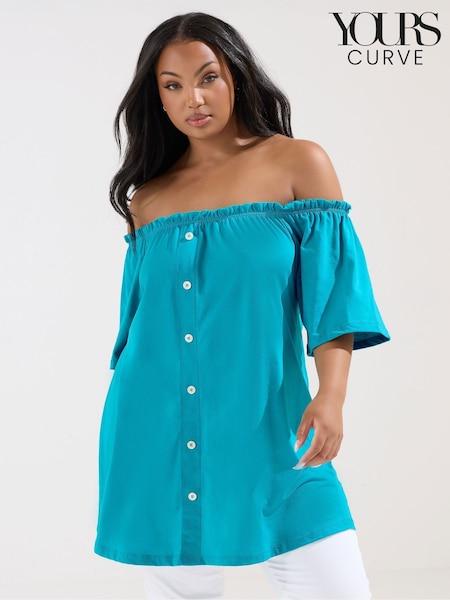 Yours Curve Blue Frill Bardot Button Front 100% Cotton Top (W55079) | £24
