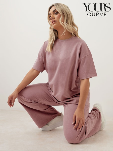 Yours Curve Pink Acid Wash Sweat 100% Cotton Top & Joggers Set (W55098) | £47