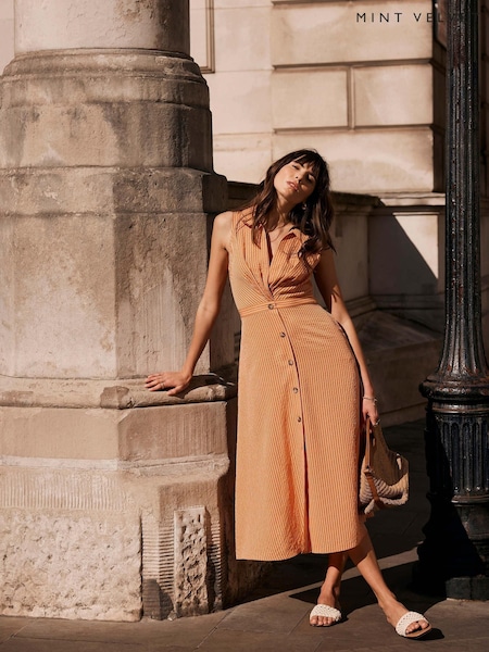 Mint Velvet Orange Striped Midi Dress (W55104) | £140