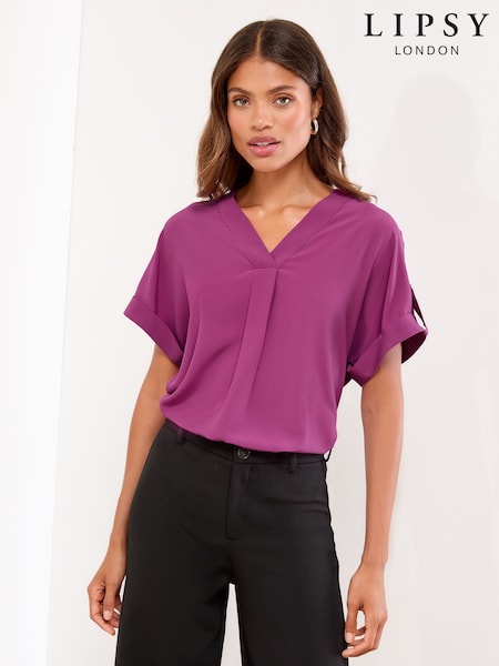 Lipsy Magenta Utility V-Neck Short Roll Sleeve Top (W55178) | £30