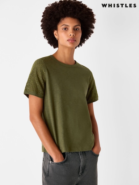 Whistles Green Broderie Sleeve Detail T-Shirt (W55183) | £59