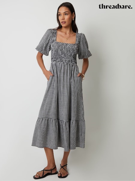 Threadbare Black Gingham Puff Sleeve Shirred Midaxi Dress (W55216) | £38
