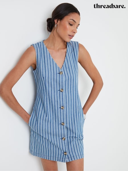 Threadbare Blue Striped Denim Waistcoat Mini 100% Cotton Summer Dress (W55224) | £34