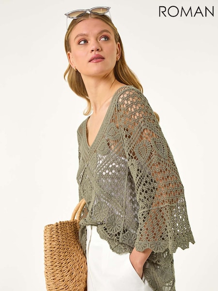 Roman Green Crochet Lace V-Neck Open Knit 100% Cotton Blouses (W55267) | £45
