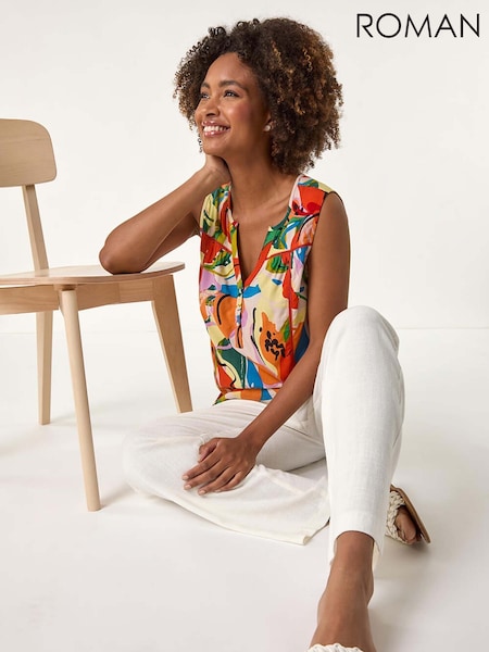 Roman Red Abstract Print V-Neck Button Blouse (W55268) | £32