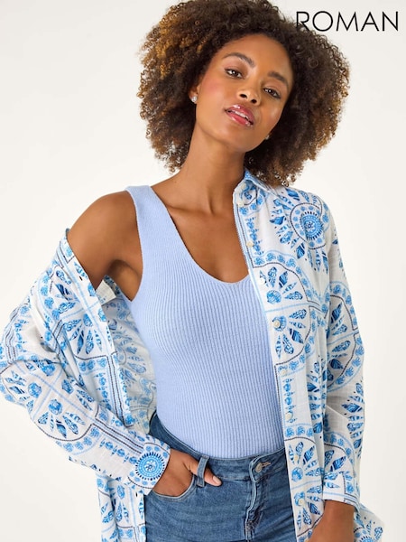 Roman Blue Printed Collar 100% Cotton Shirt (W55269) | £42