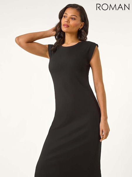 Roman Black Ribbed Cap Sleeve Midi Dress (W55270) | £42