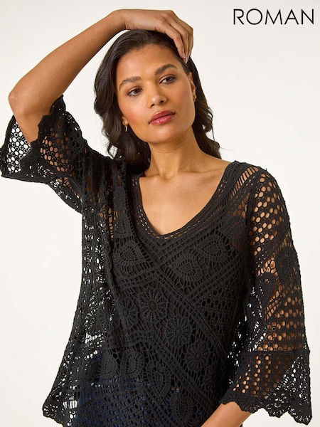 Roman Black Crochet Lace V-Neck Open Knit 100% Cotton Blouses (W55274) | £45