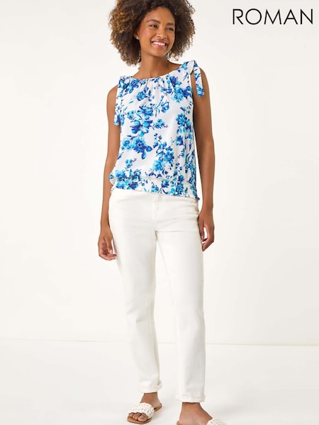 Roman Blue Floral Print Bow Detail Stretch Blouse (W55283) | £32