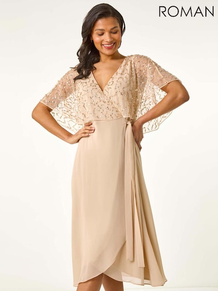 Roman Natural Sequin Embellished Maxi Wrap Dress (W55285) | £130