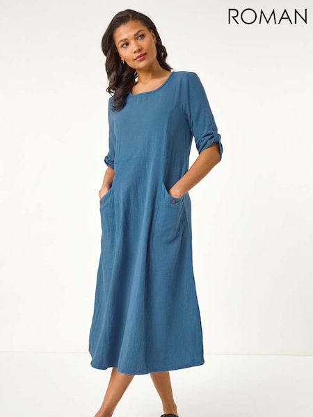 Roman Blue Textured A-line Midi Dress (W55293) | £48
