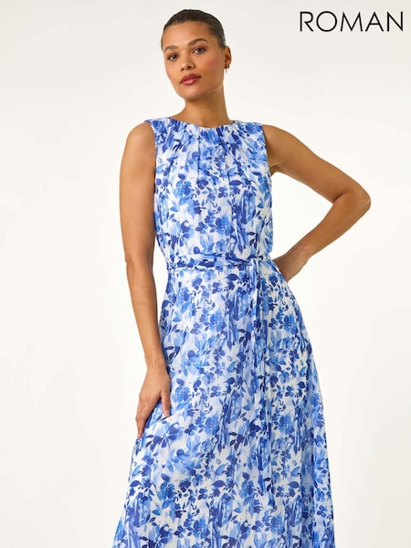 Roman Blue Floral Print Pleat Neck Midi Dress (W55296) | £55
