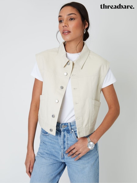 Threadbare Cream 100% Cotton Sleeveless Boxy Denim Jacket Vest (W55314) | £28