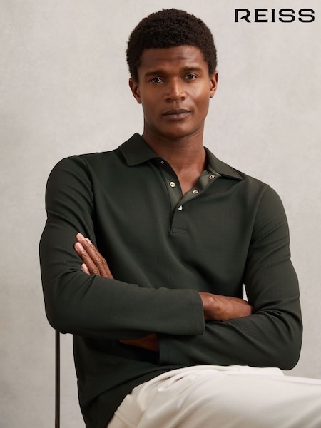 Reiss Green Tivolli Textured Press-Stud Polo Shirt (W55358) | £110