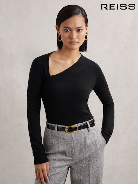 Reiss Black Zoie Wool-Blend Asymmetric Knit Top (W55367) | £110