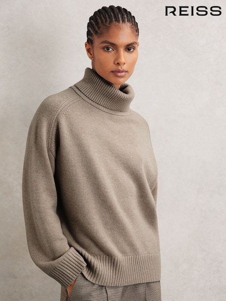 Reiss Oatmeal Neutral Brooklyn Wool-Cashmere Roll-Neck Jumper (W55368) | £140