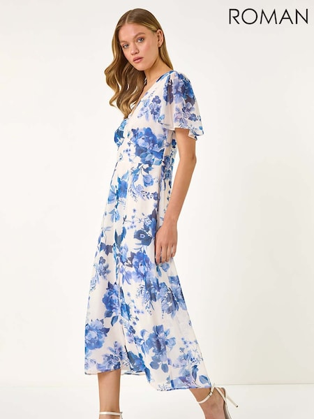 Roman White Floral Print V-Neck Midi Dress (W55448) | £68