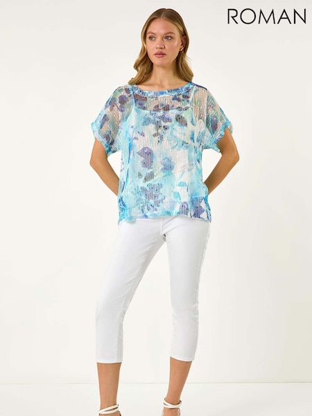 Roman Blue Floral Mesh Overlay T-Shirt (W55453) | £40