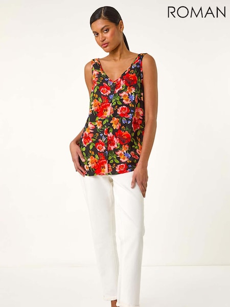 Roman Red Floral Print Buttoned Camisole Blouses (W55457) | £0
