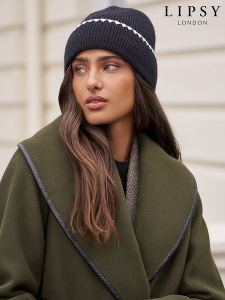 Lipsy Black Whipstitch Trim Beanie Hat (W55605) | £14