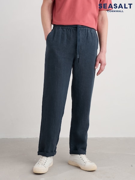 Seasalt Cornwall Blue Mens Crewman Tie Waist 100% Linen Trousers (W55608) | £80