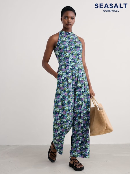 Seasalt Cornwall Light Blue Belyars Jersey Tie Neck Jumpsuit (W55643) | £76