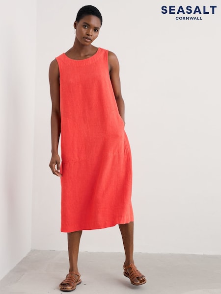 Seasalt Cornwall Orange Petite Cresting Waves Sleeveless 100% Linen Dress (W55657) | £90