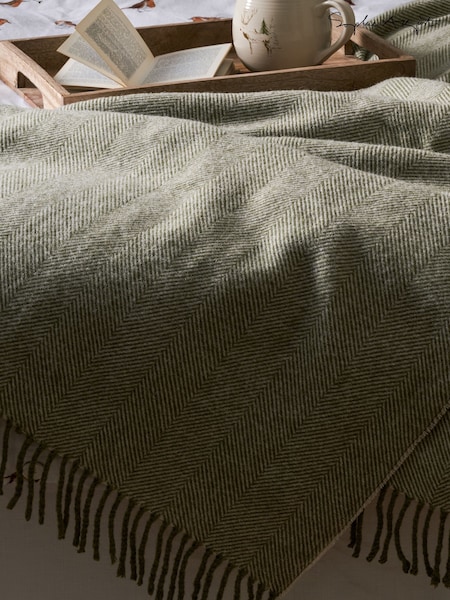 Sophie Allport Olive Green Wool Herringbone Throw (W55719) | £78