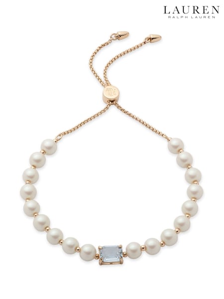 Lauren Ralph Lauren Gold Tone Pearl and Light Sapphire Stone Slider Bracelet (W55774) | £70