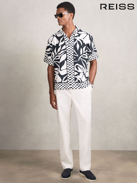 Reiss Navy/White Beattie Floral-Print Cuban-Collar Shirt (W55805) | £128