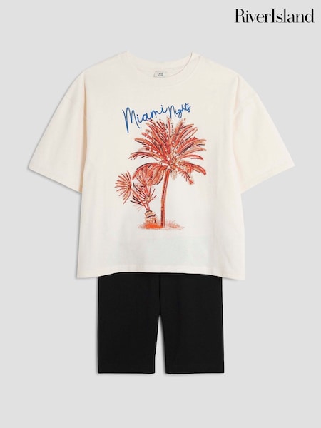 River Island Cream Girls 100% Cotton Palm Tree T-shirt &short set (W55900) | £20