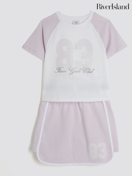 River Island Purple Girls 100% Cotton Crop T-Shirt and Runner Skirt Set (W55903) | £18